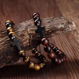 8mm Tiger Eye and Natural Stone Cross Beaded Bracelets for Women and Men