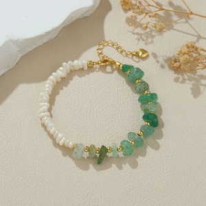 Baroque pearl and green gemstone bracelet with gold heart pendant and adjustable chain