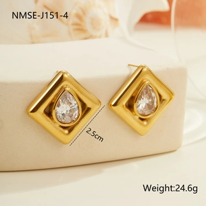 Detail view of 18K gold plated stainless steel earrings with pear-cut zircon stones