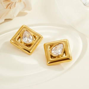 18K gold plated stainless steel stud earrings with drop-shaped zircon in square frame