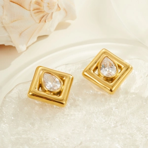 18K gold plated stainless steel square stud earrings featuring teardrop zircon stone