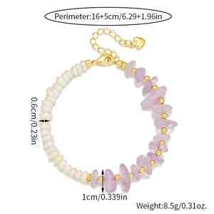 Baroque pearl and purple amethyst beaded bracelet with gold heart pendant and extender