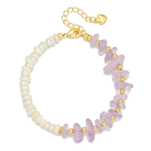 Baroque pearl and purple crystal beaded bracelet with gold heart charm and adjustable clasp