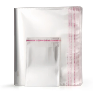 Detail of clear self-adhesive plastic packaging bag with red sealing tape for headband