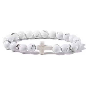 8mm white turquoise beaded bracelet with cross pendant and silver metal spacers