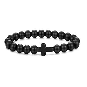 Close-up of 8mm black matte beaded bracelet featuring a minimalist cross charm