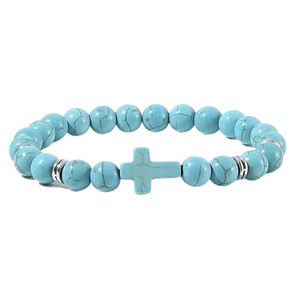 8mm sky blue turquoise bead bracelet featuring a horizontal cross and silver spacers
