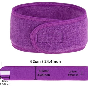 Purple microfiber headband with adjustable magic sticker, 62cm long for spa and makeup