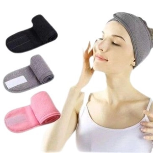 Adjustable spa headbands in black, grey, and pink for skincare and yoga workouts