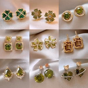 Vintage Emerald Green Earrings With Silver Earring Post Retro Geometric Rhinestone Dangle Stud For Women Luxury Accessory