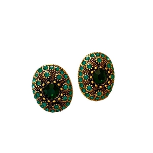 Vintage emerald oval stud earrings with small green crystals in a gold-tone setting