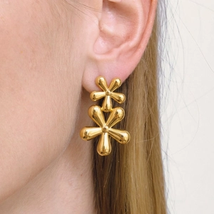 Elegant Double Flower Stud Earrings 304 Stainless Steel PVD Gold Plated Waterproof Hypoallergenic Floral Jewelry For Women