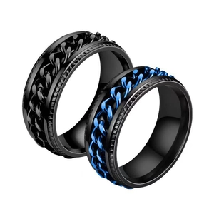 Black and blue stainless steel rotating spinner ring for men featuring a stylish chain link design