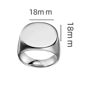 Detailed view of polished stainless steel signet ring with 18mm circular top surface