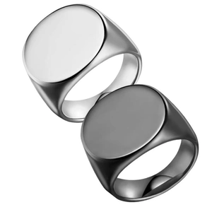 Minimalist polished stainless steel signet rings in silver and black colors for custom engraving