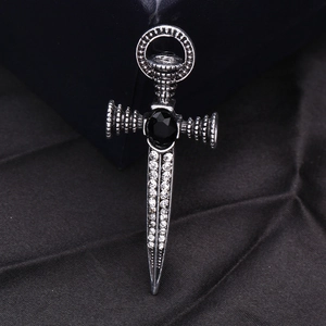 Retro punk sword cross brooch with black gemstone and white rhinestones for men