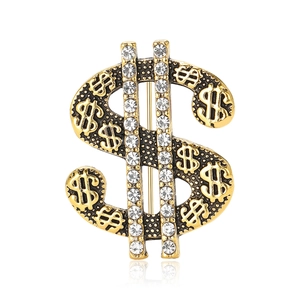 Retro gold dollar sign brooch with sparkling rhinestones for hip hop punk suits