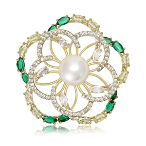 Broche Fleur en Cuivre Doré de Luxe avec Künstliche Perle pour Femme Zircone Vert Jaune Accessoire Floral pour Mariage Banquet Fête Costume