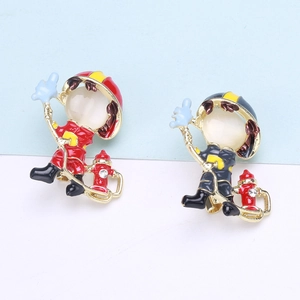 Creative enamel firefighter brooches with gold alloy base and white cat-eye stone accents