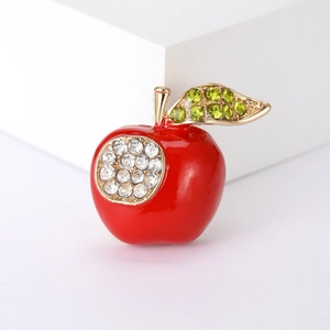 Broche en Alliage Émaillé Forme Pomme Rouge Avec Strass Fruit Créatif Bijoux pour Vêtements Femme Accessoires