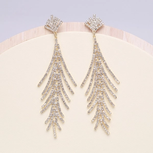 Luxurious 925 silver needle fishbone tassel earrings with sparkling crystals for brides