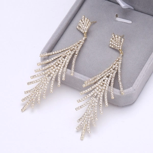 Luxurious 925 silver needle fishbone drop earrings with sparkling crystals for women