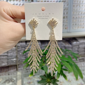 Luxurious Alloy Rhinestone Fishbone Long Tassel Dangle Earrings With 925 Sterling Silver Earring Post For Wedding Bridal Women