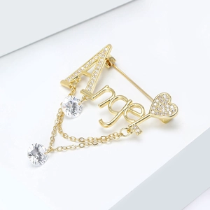 Broche Gland Lettre Angel Élégante Pour Femmes En Cuivre Plaqué Or Micro Incrusté Zircone Épingle Cœur Accessoire Pour Banquet