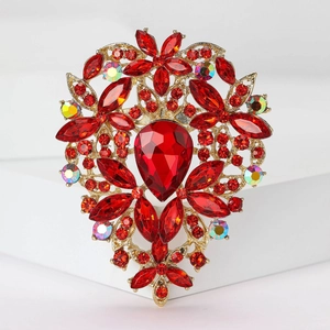 Elegant large red crystal floral brooch pin with rhinestones in gold-plated alloy setting
