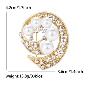 Elegante broche de espiral dorado con perlas y diamantes de imitación con medidas