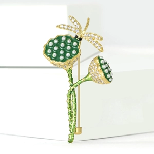 Elegant lotus dragonfly brooch with green enamel, pearls and zircon crystals for women