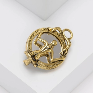 Retro gold skeleton mirror brooch pendant with latin inscription and female sculpture