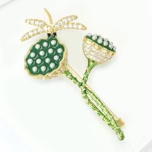 Exquisite lotus pod and dragonfly brooch with green enamel and sparkling crystals
