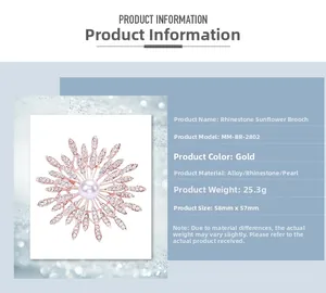 Detailed size specifications of a luxury sunflower brooch with rhinestones and white pearl