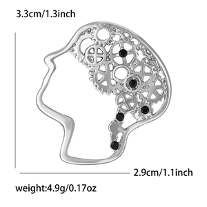 Detailed size chart of vintage alloy human brain brooch with gear and black rhinestones