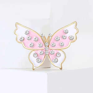 Broche papillon dorée élégante avec émail rose et strass brillants pour costumes