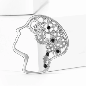 Retro anatomical brain brooch with silver gears and black crystals for suits and shirts