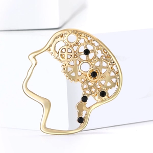 Creative gold alloy brain brooch with gear mechanism and black crystals for suits