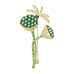 Vintage Chinese Style Enamel Lotus Seedpod Dragonfly Brooch Pin Alloy Gold Plated Artificial Pearl Zirconia Jewelry For Women