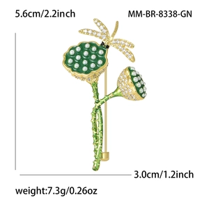 Elegant gold lotus and dragonfly brooch with green enamel and pearls, 5.6cm height