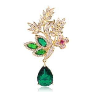 Élégante Broche en Cuivre et Strass Fleur et Épi de Blé pour Femmes Pendentif Goutte Cristal Or Vert Bijoux Mariage