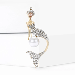 Exquisite gold mermaid brooch with sparkling white rhinestones and a large round pearl