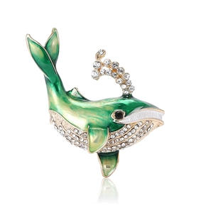 Kreative grüne Emaille-Walfisch-Brosche mit funkelnden Strasssteinen und Goldlegierung
