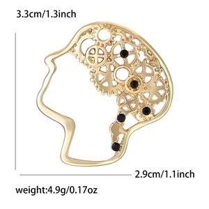 Creative vintage gold alloy brain brooch with gear mechanical design and black stones
