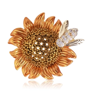 Vintage Copper Sunflower Bee Brooch With Zirconia Accents Enamel Anti Exposure Lapel Pin For Women Fashion Jewelry Accessories