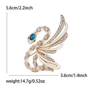 Detailed swan brooch view showing 5.6cm height and 3.6cm width dimensions