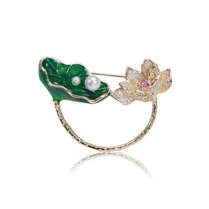 Broche Fleur de Lotus de Style Chinois Vintage pour Femme Élégante Feuille en Émail Vert Incrustée de Zirconium et Künstliche Perle