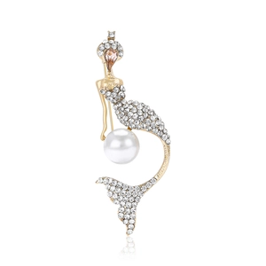Creative Mermaid Brooch For Women Alloy Sparkling Rhinestone Pin With Faux Artificial Pearl Elegant Jewelry Accessory Fashion Gift