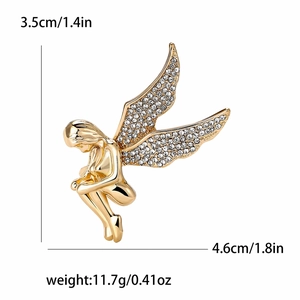 Eleganter Gold-Engel-Brosche mit Kristallflügeln für Damen, Größe 3,5 cm x 4,6 cm