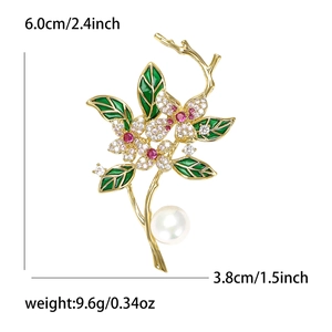 Luxury copper zircon flower brooch with green enamel leaves and white pearl drop